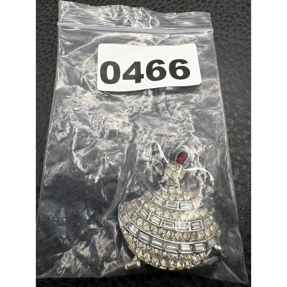 Vintage Rhinestone Ballerina Dancer Lady Brooch Pin Red Crystal Silver Tone